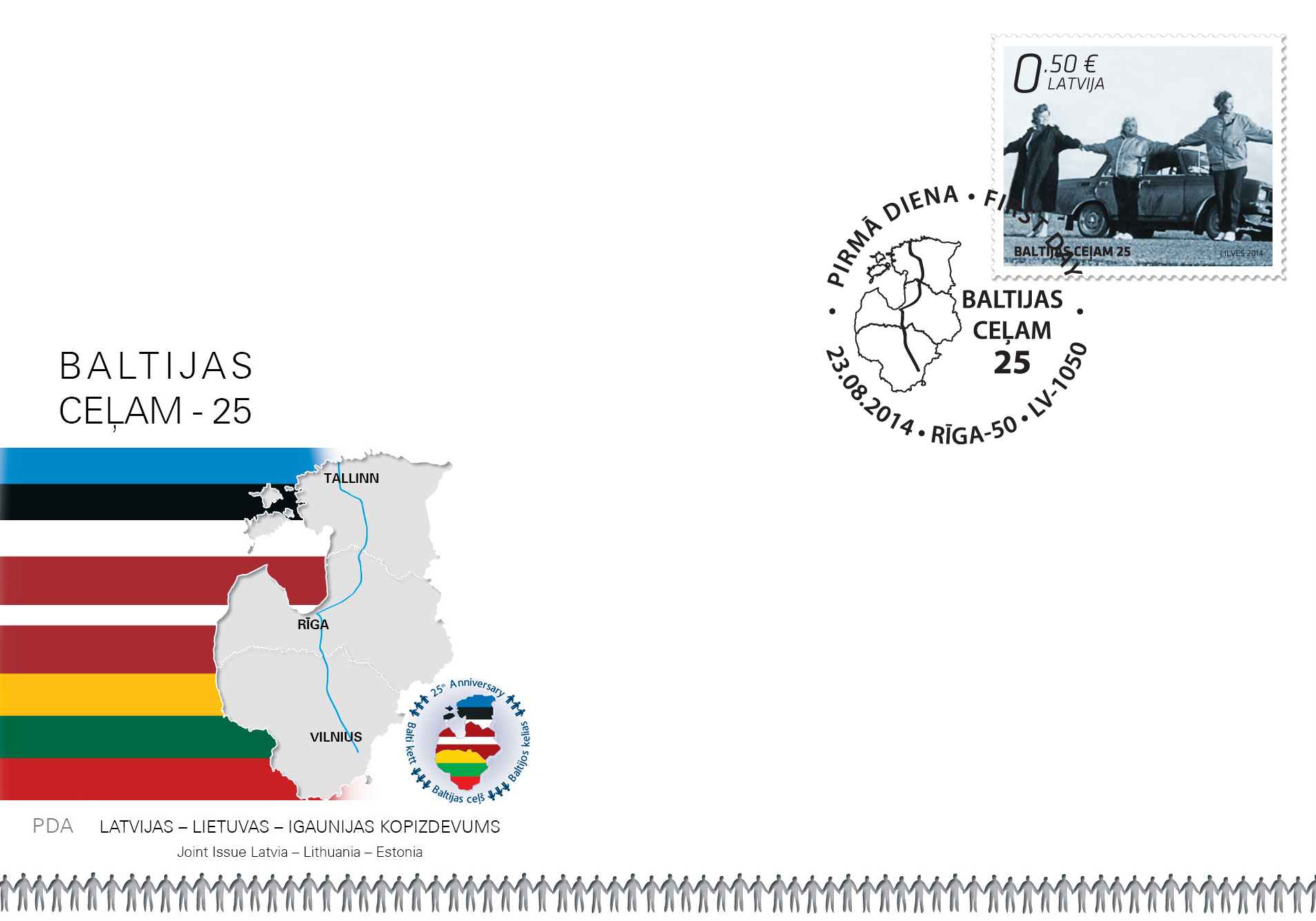 Baltijas ceļa 25 gadu atcerei izdod īpašas pastmarkas un pastmarku bloka kopizdevumu