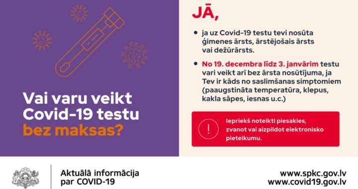 No 19. decembra līdz pat 3. janvārim Covid-19 analīzes varēs nodot arī bez ārsta nosūtījuma