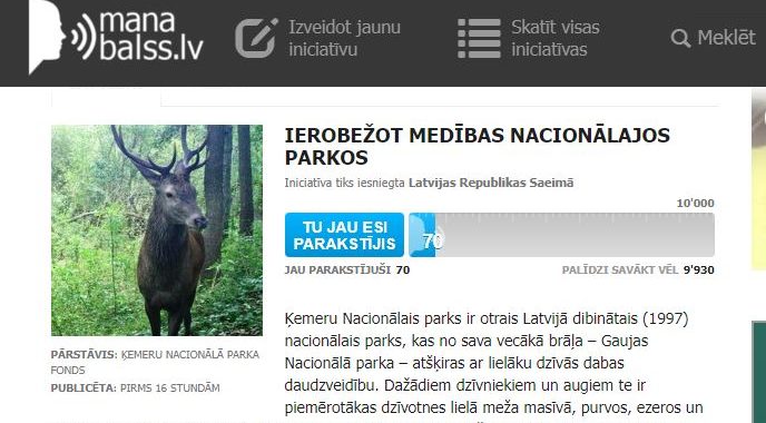 Portālā «Mana balss» aicina parakstīties par medību ierobežošanu nacionālajos parkos